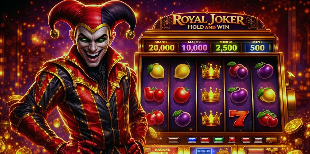 Promotional image for Royal Joker Hold and Win showing a sinister jester in red-and-black costume beside a glowing slot machine with fruit symbols and crowns, with jackpot values (Grand, Major, Minor, Mini) displayed across the top amid gold coin sparkles.