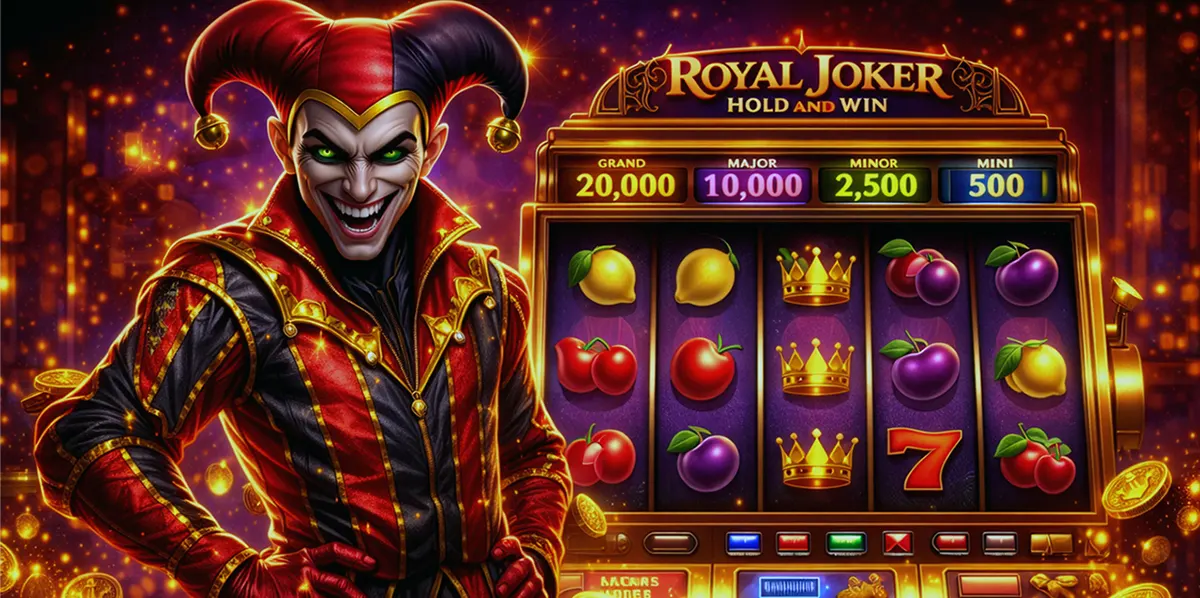 Promotional image for Royal Joker Hold and Win showing a sinister jester in red-and-black costume beside a glowing slot machine with fruit symbols and crowns, with jackpot values (Grand, Major, Minor, Mini) displayed across the top amid gold coin sparkles.