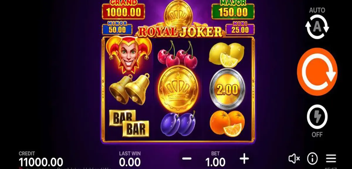 Screenshot of the Royal Joker slot game interface showing a purple reel with classic symbols like a joker face, cherries, lemons, bells, BAR tiles, plums and oranges, jackpot amounts at the top, and large spin/autoplay buttons on the right.